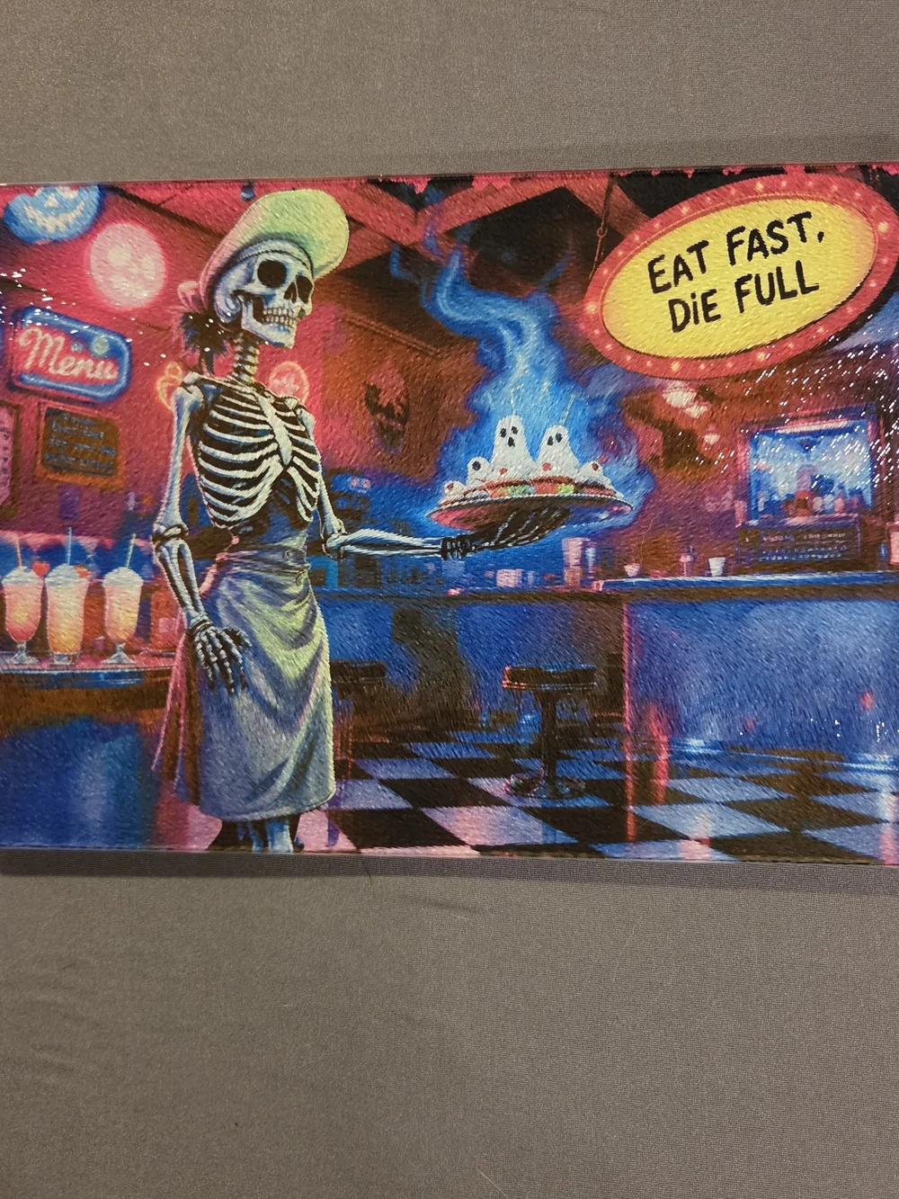 Title: Halloween Skeleton Diner Glass Cutting Board 8x11 Eat Fast Die Full